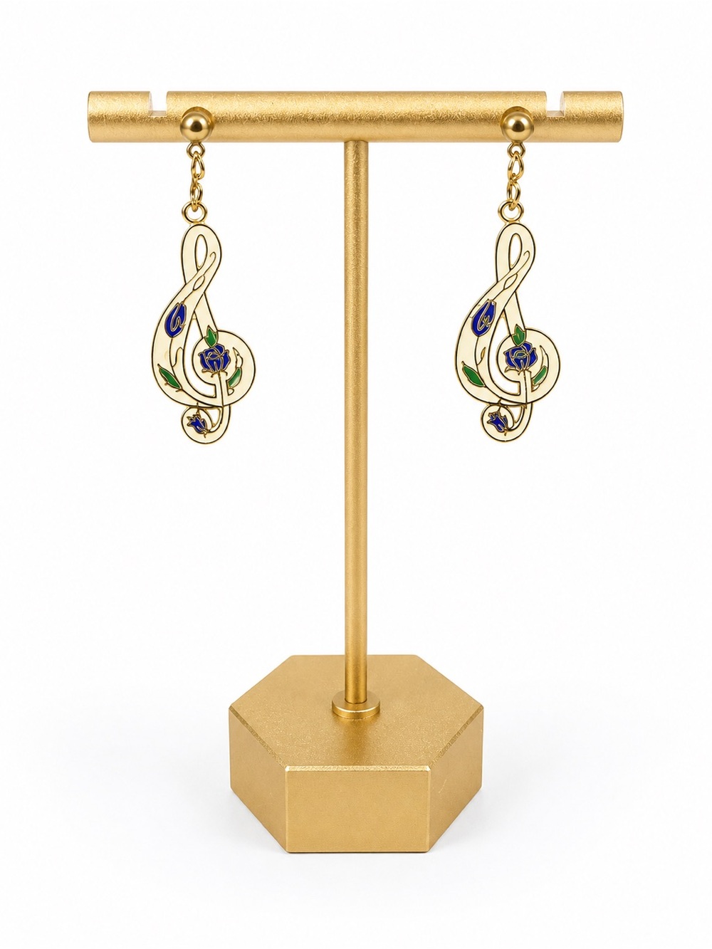 Vintage Mandarin Genuine Cloisonné Treble Clef Floral Dangle‎ Earrings